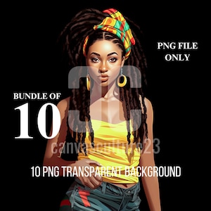 10 pour 10 | Belle femme jamaïcaine en tenue imprimé Ankara couleur Rasta set 1 | 10 paquets de fichiers transparents PNG | pour l'impression à la demande