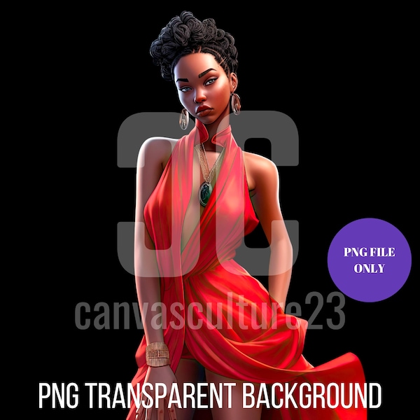 10 for 10 | PNG Bundle of Savvy Chic Black Woman in Red Long Evening Dress | For Print on Demand