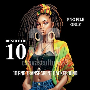 10 voor 10 | Mooie Jamaicaanse vrouw in Rasta gekleurde Ankara print outfit set 2 | 10 PNG transparante bestandenbundel | voor Print-on-Demand