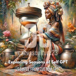 Capture GPT personnalisée d'une femme révélant la mystique du temps : une observateur de sabliers passionnée d'art numérique Une fusion entre tradition et modernité