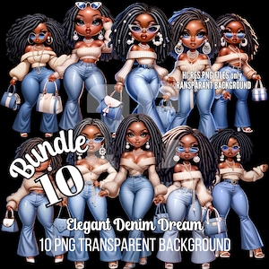 Kurvige schwarze Frau im Chibi-Realismus: Lebendige digitale Kunst, Sass & Style, Denim-Perlen Fashion Exclusive 10 PNG Hintergründe Bundle