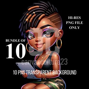Esclusivo pacchetto di arte digitale Urban Chic Trendy Chibi Donna afroamericana con tablet 10 file PNG di alta qualità per progetti POD versatili