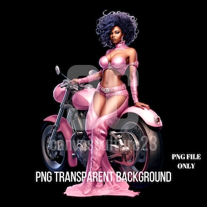 10 für 10 | Pink Power PNG Bundle | 10 PNG Schwarze Frau im Stilvollen Rosa Outfit auf Rosa Motorrad | Plus ein kostenloses Print On Demand Starter Guide