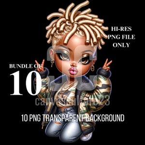 Exklusives Kawaii Kewpie Chibi Art Bundle - 10 PNGs, Afroamerikaner, Hip Hop Style, Gold & Camo Fashion - Perfekt für Print-On-Demand!