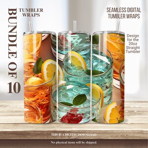 Ultieme kerstbundel 10 naadloze 20oz PNG digitale Tumbler Wraps met feestelijke foto's veelkleurige drankjes en fruittoppings