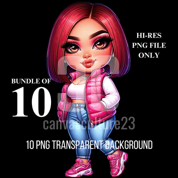 Vibrant Digital Art Curvy Chibi-Style Hispanic Woman Trendy Pink Vest Denim Jeans High-Res 10 PNG Bundle with Transparent Background for POD