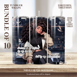 Exklusives 10er Set: Empower mit Affirmationen! Premium PNGs einer selbstbewussten schwarzen Geschäftsfrau für 20 Unzen Tumbler Wraps. Hell leuchten
