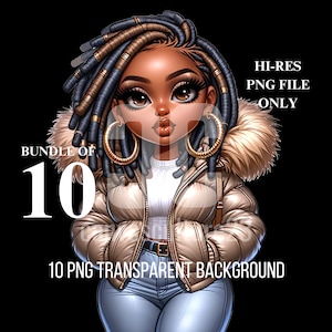 10 esclusivi file PNG donna afroamericana formosa in stile Chibi con sfondo trasparente, pacchetto ideale per prodotti POD unici ed eleganti