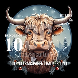 Exklusive Weihnachten Highland Kuh 10 PNG transparente Dateien Bundle Perfekt für Print-On-Demand! Einzigartig, festlich und gebrauchsfertig