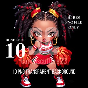 Exklusives transparentes 10-PNG-Bundle: Schwarzes amerikanisches Chibi-Mädchen im Rot-Weiß-Cheer-Outfit - Perfekt für Print-on-Demand und einzigartige Designs