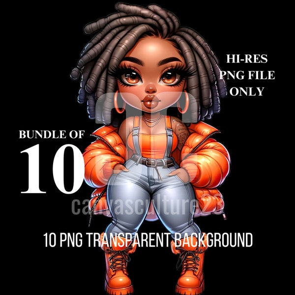 10 African American Chibi-Style Woman PNG Bundle, Trendy Casual Attire Orange Vest & Boots, Chic Denim Jeans Dreadlocks, Files for POD