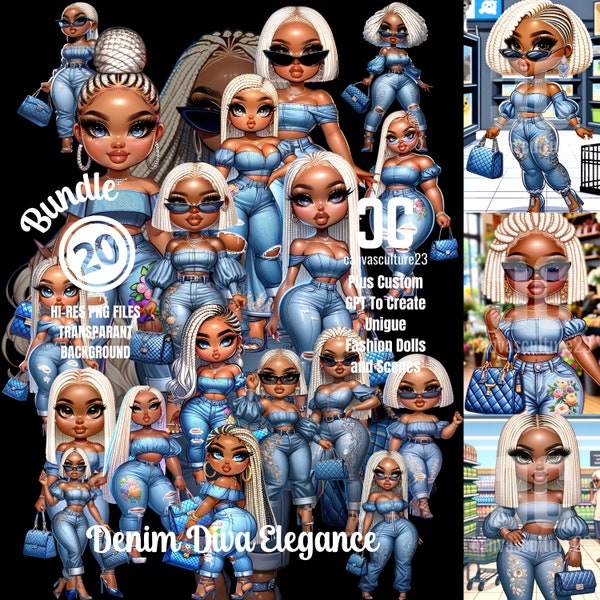 20 articles de mode afro-américaine tout en courbes de style chibi, PNG, accessoires tendance en jean et GPT pour créer des poupées et des scènes uniques ChatGPT Plus requis
