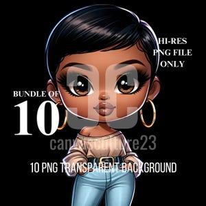 10 African American Curvy Chibi with short hair style Fashionista PNG Transparent Background Bundle Essential Clipart for Print on Demand