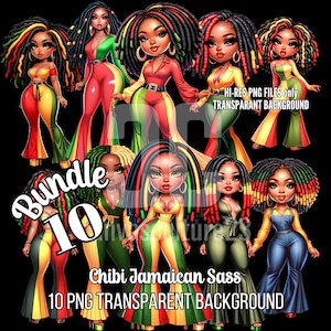 Black History & Juneteenth Tribute Curvy Chibi-Style Black Woman Digital Art Dreadlocks en rojo, amarillo, verde, paquete de 10 archivos PNG