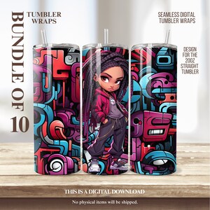 10 exklusive digitale 20 Unzen Tumbler Wraps: Graffiti Chibi Girl in Maroon Hip-Hop Outfit Seamless PNG Bundle für Trendy Drinkware