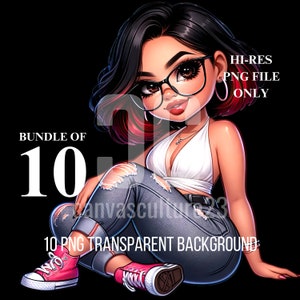 Bundle de 10 fichiers PNG : Chibi Hispanic Woman, Curvy, Cheveux rouges/noirs, Lunettes funky, Jeans déchirés, Baskets roses, Pose ludique
