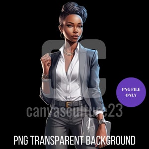 10 por 10 / Savvy Business Chic PNG Bundle Set 1 / Impresión bajo demanda 10 imágenes transparentes de una mujer de negocios negra 1 de 3