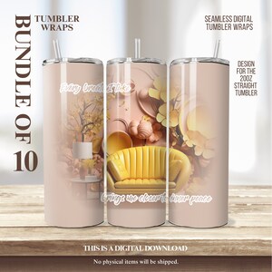 Exklusiv Ein Bundle von 10 PNG digitalen 20 Unzen Tumbler Wraps: 3D gelbes Sofa & rosa Keramikblumen - Empowerment Affirmations Bundle