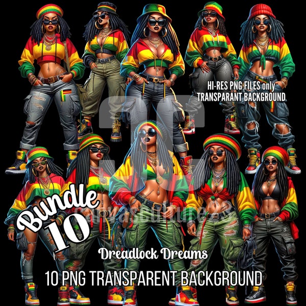 Bundle 10 PNG Files African American Woman Rastafarian Streetwear Fashion Urban Chic Art Afro-Centric Digital Illustration Street Style Icon