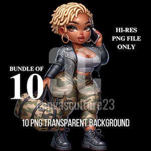 Einzigartige kurvige afroamerikanische Chibi-Frau digitale Kunst, realistischer Stil, 10 PNG-Dateien, ideal für Print-On-Demand, kommerzielle Nutzungslizenz