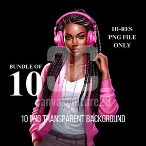 10 für 10 | Exklusives Bundle von 10 PNG-Dateien | Schwarzer Teenie Erwachsener mit langen Dreadlocks und pinken Kopfhörern | Perfekt für Print on Demand