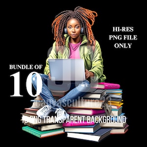10 pour 10 | Pack exclusif de rentrée scolaire | 10 fichiers PNG uniques mettant en vedette Radiant Teen au sommet d'une pile de livres colorés | Idéal pour l'impression à la demande