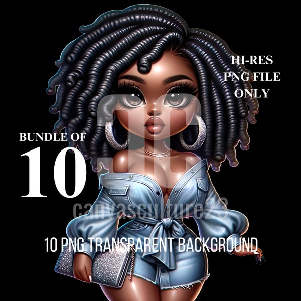 Chibi-Style African American Woman 10 PNG files with transparent backgrounds, Curvy Figure, Dreadlocks, Denim Ruffle Blouse, Silver Clutch