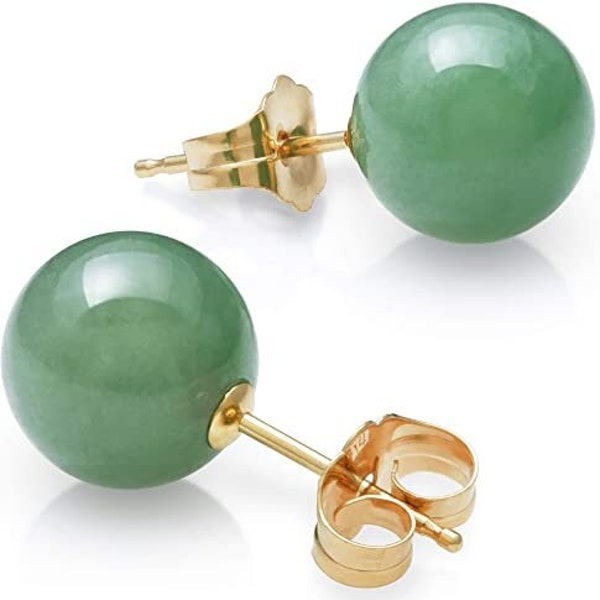 14k Solid Gold 8mm Natural Green Jade Round Stud Earrings.