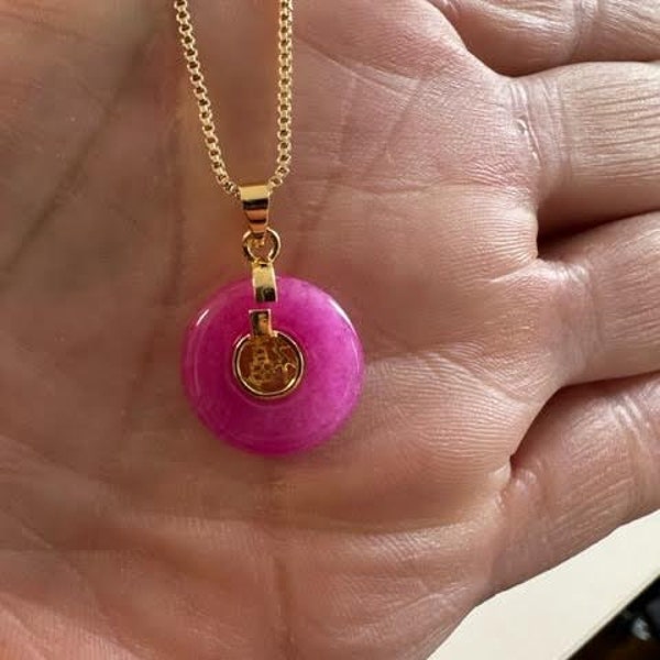 Pink Jade "Good Fortune" Pendant Necklace in 14K. Solid Gold chain 18 "