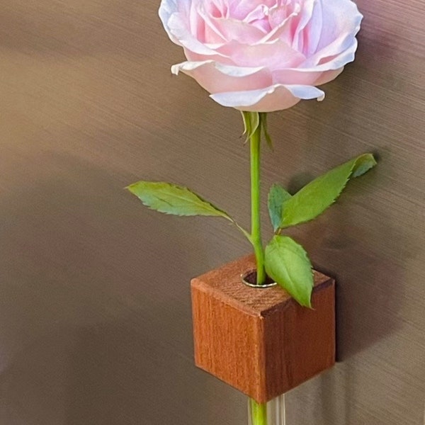 Refrigerator Artist Magnetic Vase, Handmade Walnut Wood Mini Glass Tube Creative Vase, Kitchen Flowers Decoration Vase