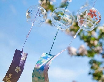 Japanische Meditation Glas Windspiel 3er Set, Outdoor Blume Sakura Anhänger, handgemachte kreative Windglocke,Balkon/Terrasse Windspiele