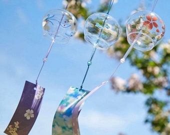 Japanese Meditation glass wind chimes 3 pieces set, outdoor flower Sakura pendant, handmade creative wind bell,balcony / patio wind chimes