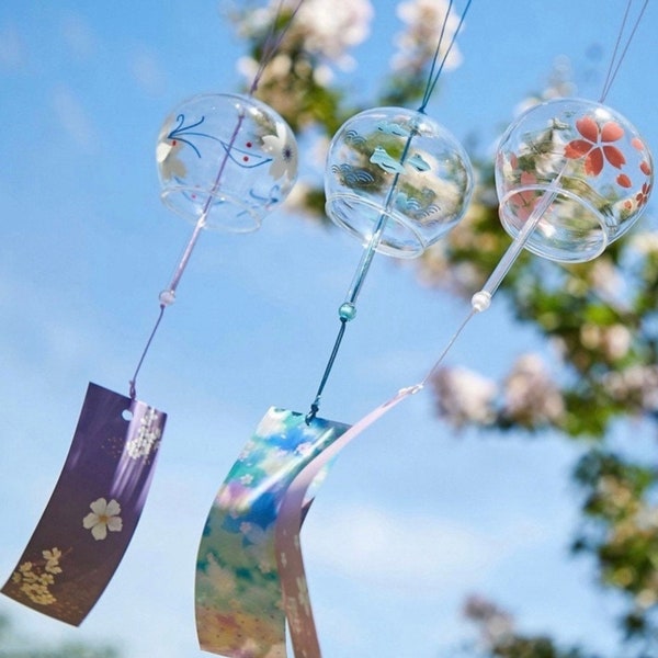 Japanese Meditation glass wind chimes 3 pieces set, outdoor flower Sakura pendant, handmade creative wind bell,balcony / patio wind chimes
