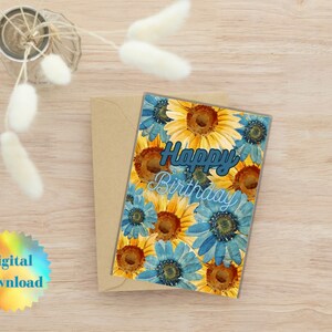 Sunflower Greeting Card, Birthday Card, Blue sunflower card, digital card, greeting card, blank greeting card, sunflower card, flower card,