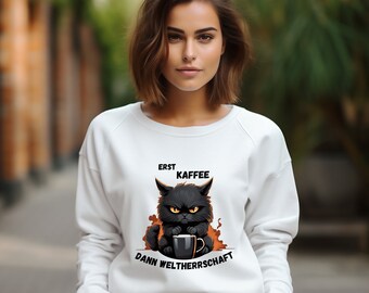 Erst Kaffee - Dann Weltherrschaft, Grimmige Katze, Kätzchen, Kaffee, Spruch, Lustig, Geschenk, Premium Shirt, lustige Sprüche, Witzig, Fun