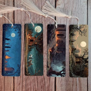 May include: Four fantasy-themed bookmarks with white tassels. Each bookmark features a different illustrated scene: a moonlit night with figures, a forest with riders, a stone structure, and a moonlit landscape with trees. The bookmarks are displayed on a wooden surface.