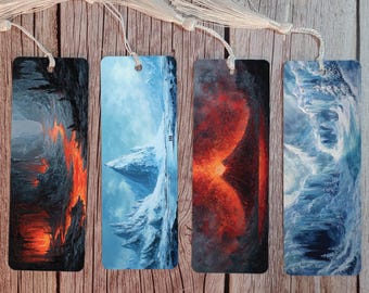 Fire and Ice Metal Bookmark Set, Fantasy Landscape Bookmarker, Epic Nature Gift for Readers, Volcanic & Glacial Acrylic Style Art