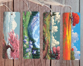8-Bit Nature Bookmarks- Set of 4 Pixel Art Landscape Bookmarks, Retro Aesthetic Metal Bookmarks, Serene Mountain and Forest Gift for Readers