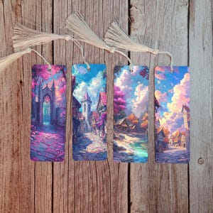 May include: Four rectangular bookmarks with fantasy landscape art, each with a different scene. The bookmarks have white tassels at the top. The scenes include castles, buildings, and colorful trees, with pink, purple, and blue hues.