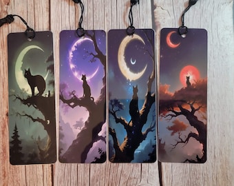 Celestial Cat Bookmarks: Moonlit Magic Fantasy bookmarks- Handmade and Unique, Metal, with tassels