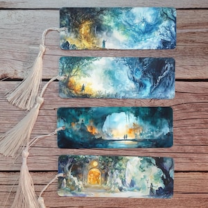 May include: Set of four watercolor bookmarks featuring different scenes of a forest with trees, paths, and figures. The bookmarks are rectangular and have a white background with blue, green, and brown accents.