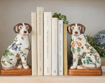 Vintage Chinoiserie Porcelain Dog Bookends – Hand Painted Floral Spaniel Pair – 8” Decorative Decor –  Grandmillennial Style
