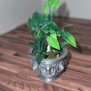 May include: A miniature artificial green plant with pointed leaves potted in a small, metallic silver-colored container. The container features a decorative relief pattern around its exterior, and the plant is set in a brown, soil-like base.