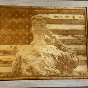Patriotic American Soldier w/Flag Laser Engraved Wood Art - Rustic Home Decor