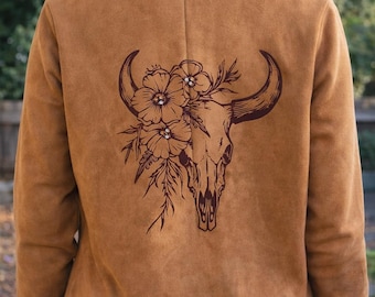 Engraved Bull Skull Vegan Suede Jacket, Rhinestone Cowgirl Fringe, Western Concert Outfit