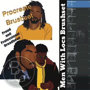 May include: Procreate brush set for drawing men with locs. The set includes a variety of brushes for creating different styles of locs, as well as brushes for drawing facial features and clothing. The brush set is perfect for creating realistic and stylized illustrations of men with locs.