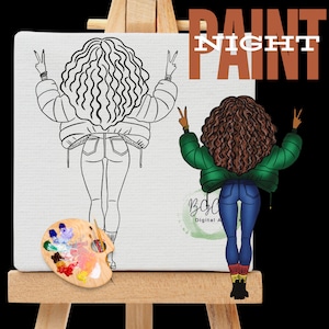 Black Girl Clipart, Canvas Printable/ Pre Drawn Outline Canvas Girls Night Out/ DIY Canvas/ Party/ Paint Kit/ PNG/ paint party/ Adults/Teens