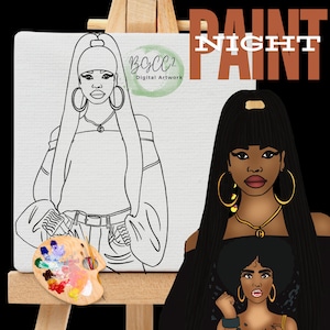 Black Girl Clipart, Canvas Printable/ Pre Drawn Outline Canvas Girls Night Out/ DIY Canvas/ Party/ Paint Kit/ PNG/ paint party/ Adults/Teens