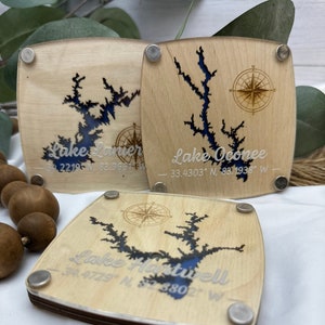 Alabama Lake Map Onderzetters - 3D topografisch houtontwerp, onderzetters voor Lake House, attente gastvrouw cadeau