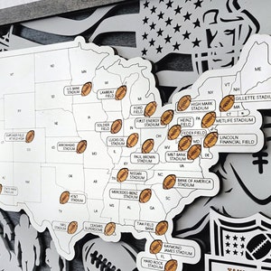 May include: A white map of the United States with the locations of NFL stadiums marked with brown footballs. The map is on a gray background with a black and white American flag design.